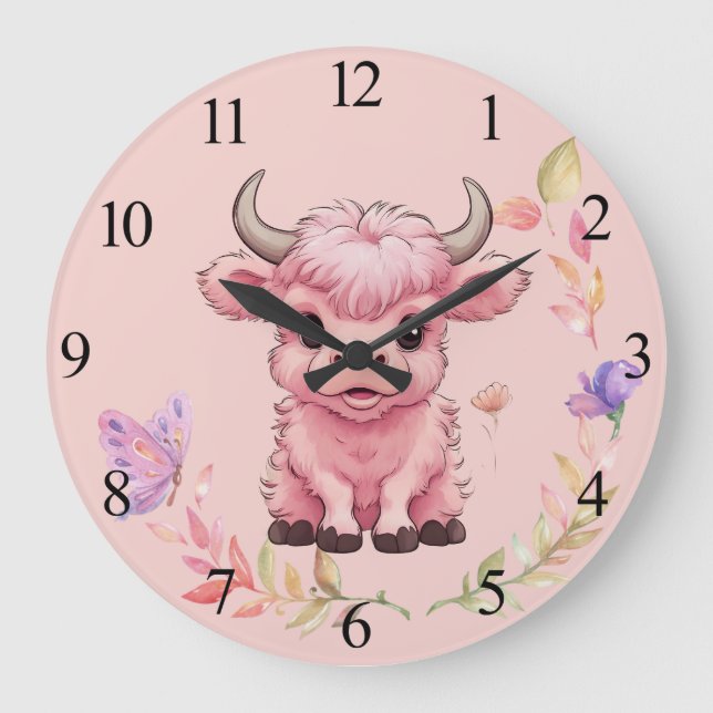 Fluffy Pink Highlands Scottish Cow Große Wanduhr (Vorderseite)