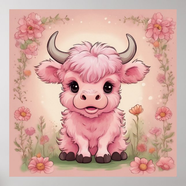 Fluffy Pink Highlands Scottish Cow Poster (Vorne)