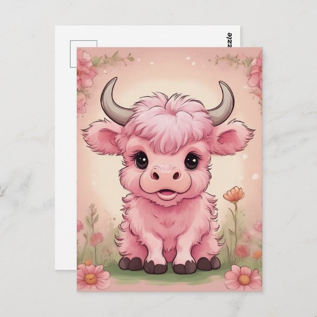 Fluffy Pink Highlands Scottish Cow Postkarte (Vorne/Hinten)