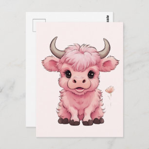 Fluffy Pink Highlands Scottish Cow Postkarte
