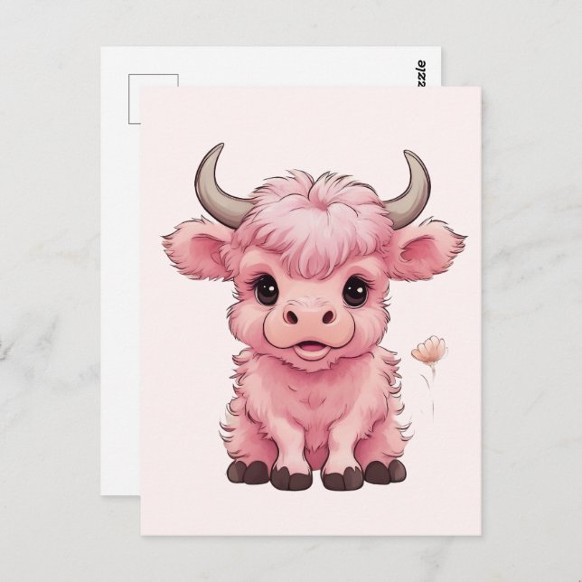 Fluffy Pink Highlands Scottish Cow Postkarte (Vorne/Hinten)