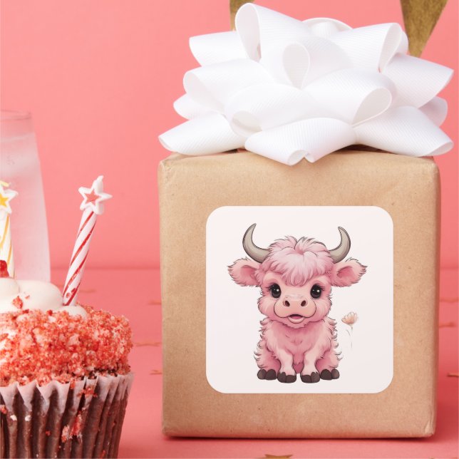 Fluffy Pink Highlands Scottish Cow Quadratischer Aufkleber (Party)