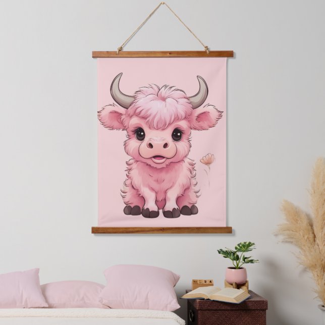 Fluffy Pink Highlands Scottish Cow Wandteppich Mit Holzrahmen (Schlafzimmer)