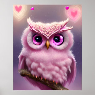 Fluffy Pink Owl mit Herz Poster