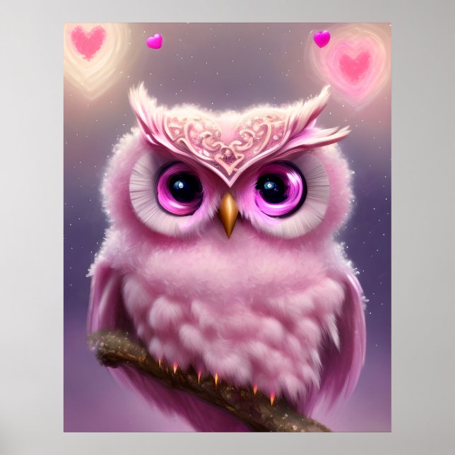 Fluffy Pink Owl mit Herz Poster (Vorne)