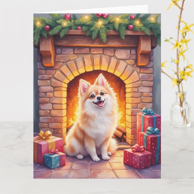 Fluffy Pomeranian Cozy Christmas Fireplace Dog Art Karte (Gelbe Blume)