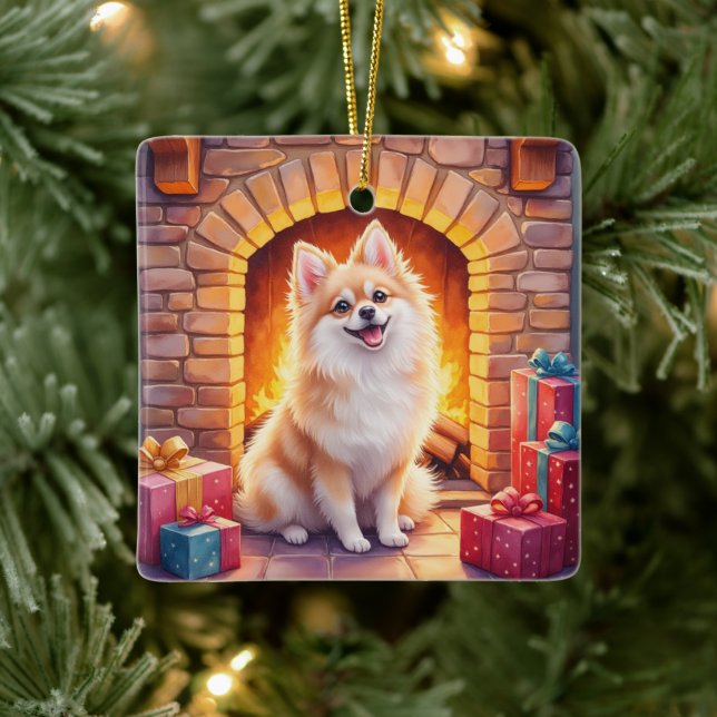 Fluffy Pomeranian Cozy Christmas Fireplace Dog Art Keramikornament (Baum)