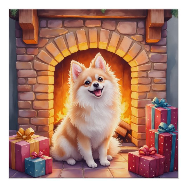 Fluffy Pomeranian Cozy Christmas Fireplace Dog Art Poster (Vorderseite)