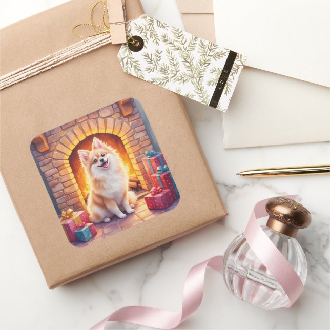 Fluffy Pomeranian Cozy Christmas Fireplace Dog Art Quadratischer Aufkleber (Schenken)