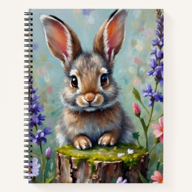Fluffy Rabbit in einem Feld von Blume Notizbuch (Vorderseite)