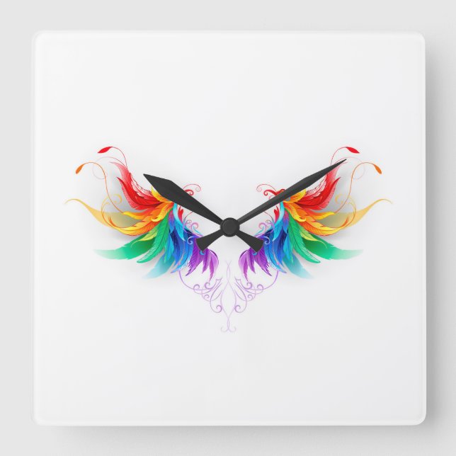 Fluffy Rainbow Wings Quadratische Wanduhr (Vorderseite)