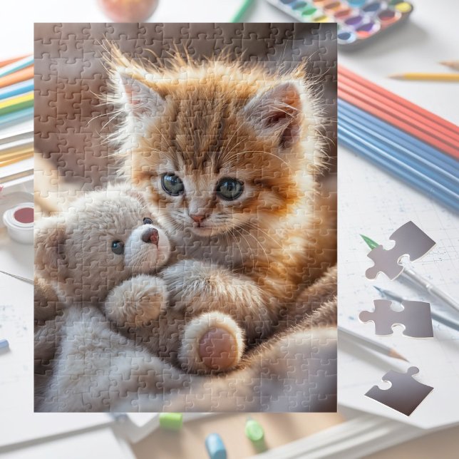 Fluffy red kitten playing with a tiny teddy bear,  puzzle (Von Creator hochgeladen)