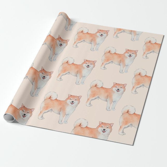 Fluffy Schwanz Kawaii Wasserfarbe Shiba Inu Doggo Geschenkpapier (Ungerollt)