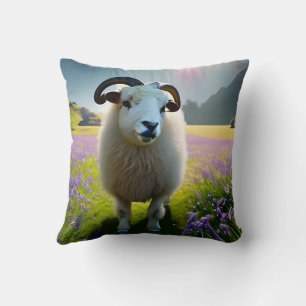 Fluffy Sheep Feld von violetten Blumen Kissen