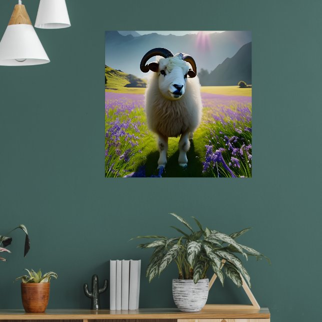 Fluffy Sheep Feld von violetten Blumen Poster (Wohnzimmer 1)