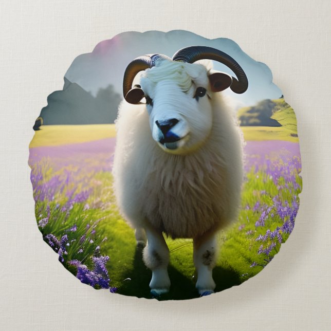 Fluffy Sheep Feld von violetten Blumen Rundes Kissen (Vorderseite)