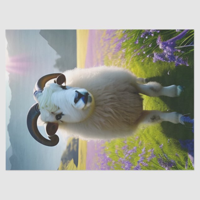 Fluffy Sheep Feld von violetten Blumen Seidenpapier (Vorderseite)