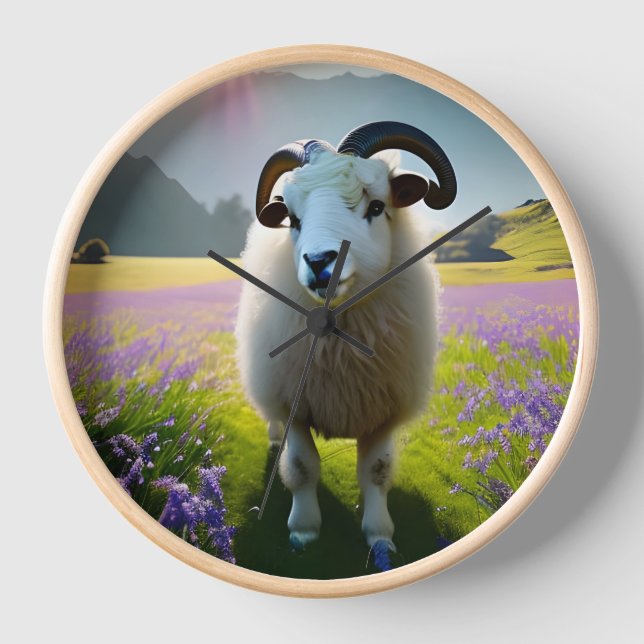 Fluffy Sheep Feld von violetten Blumen Uhr (Vorderseite)