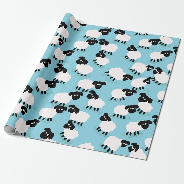 Fluffy Sheep on Baby Blue Geschenkpapier (Ungerollt)