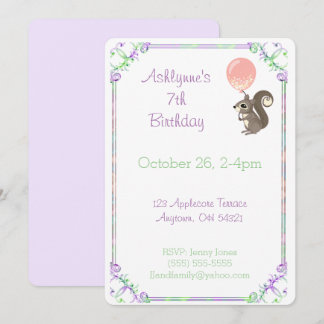 Fluffy Squirrel with Pink Balloon Birthday Custom Einladung