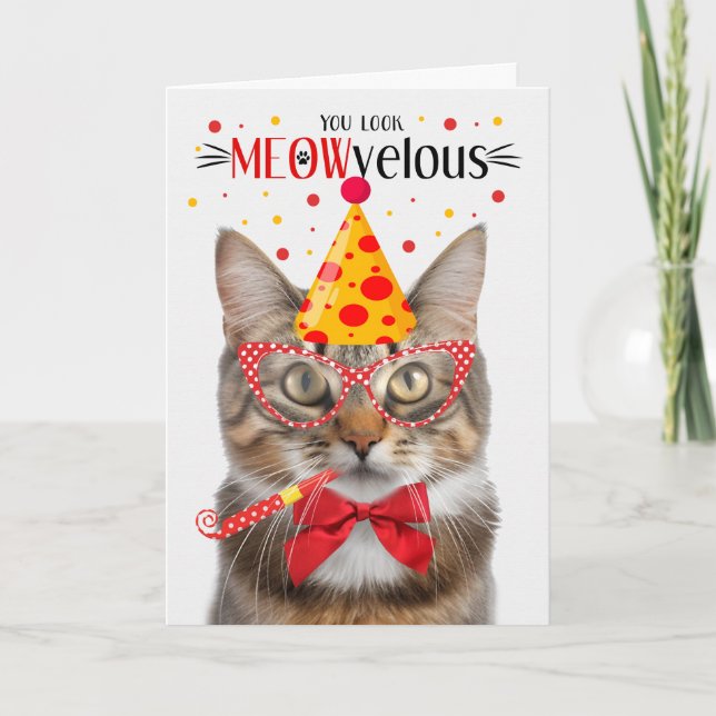 Fluffy Tabby Cat MEOWvelous Birthday Karte (Vorderseite)