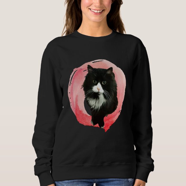 Fluffy Tuxedo Katze in rosa Fluff Sweatshirt (Vorderseite)