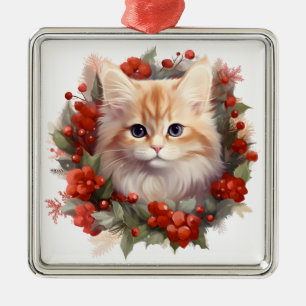 FLUFFY WATERCOLOR URLAUB CHRISTMAS ORANGE CAT ORNAMENT AUS METALL