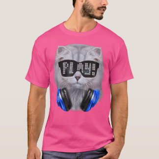 Fluffy weiße Katze als DJ mit Sonnenblase und Kopf T-Shirt