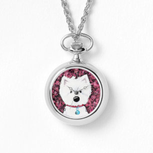 Fluffy Westie Rose Necklace Watch Armbanduhr