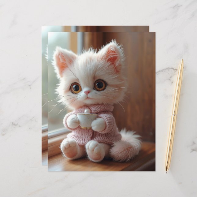 Fluffy White and Light Pink Cat Scrapbook Paper (Vorderseite/Rückseite Beispiel)