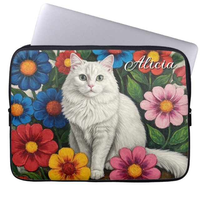 Fluffy White Cat and Folk Art Flowers Laptopschutzhülle (Vorderseite)