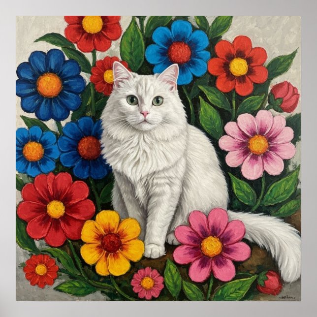 Fluffy White Cat and Folk Art Flowers Poster (Vorne)
