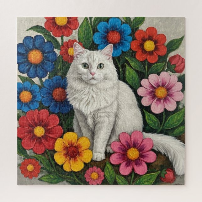 Fluffy White Cat and Folk Art Flowers Puzzle (Vertikal)