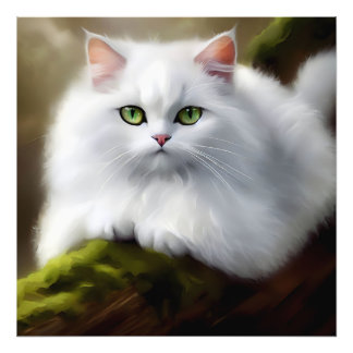 Fluffy White Cat Painting Fotodruck