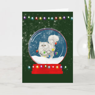 Fluffy White Cat Snow Globe Weihnachtskarte Karte
