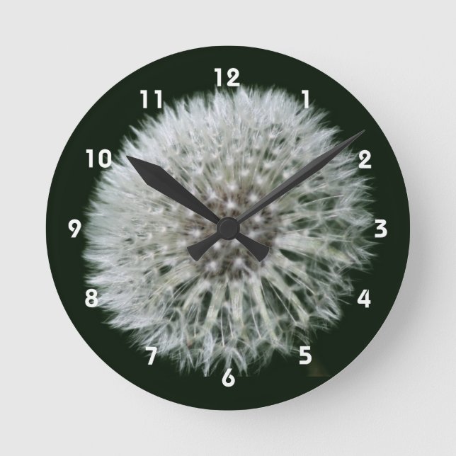 Fluffy White Dandelion Flower Runde Wanduhr (Vorderseite)