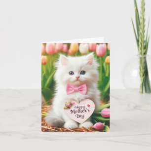 Fluffy White Kitten in Tulip Field Karte