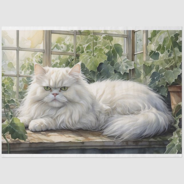 Fluffy White Persian Cat in a Garden Decoupage Seidenpapier (Vorderseite)