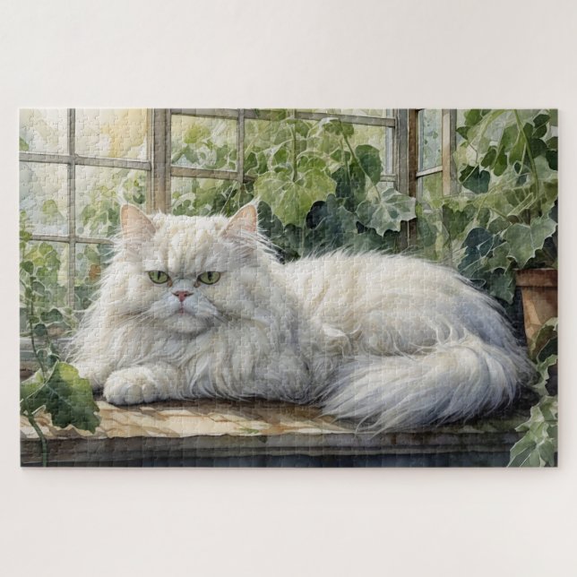 Fluffy White Persian Cat in a Garden Puzzle (Horizontal)