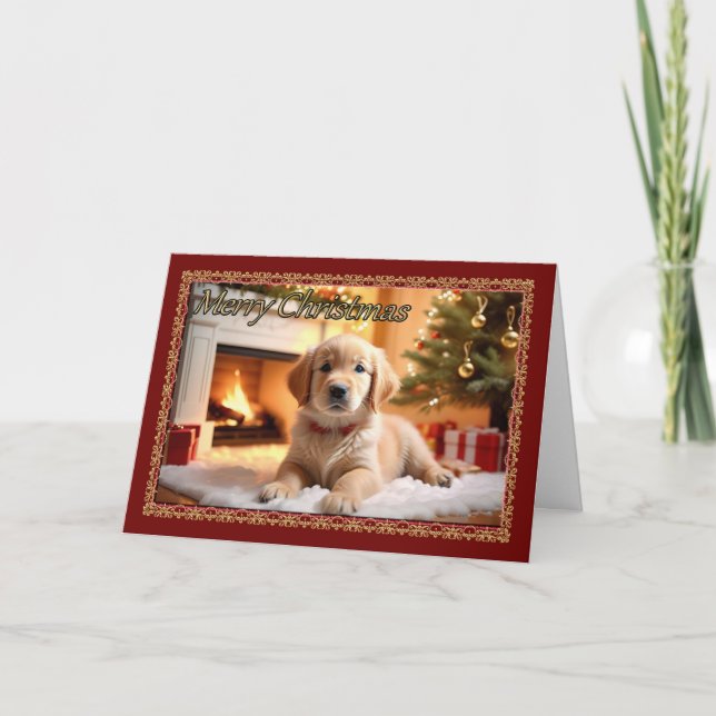Fluffy White Puppy Christmas Card Karte (Vorderseite)