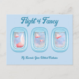 Flug der Fantasie-Schweine, die am Flugzeugfenster Postkarte
