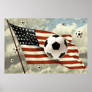 Flug der Fußballbälle US-Flagge Fußball Futebol Poster