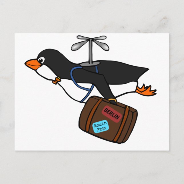 Flug Hubschrauber Pinguin mit Koffer Postkarte (Vorderseite)