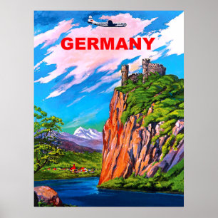 Flug nach Deutschland, Schloss am Rhein, Vintag Poster