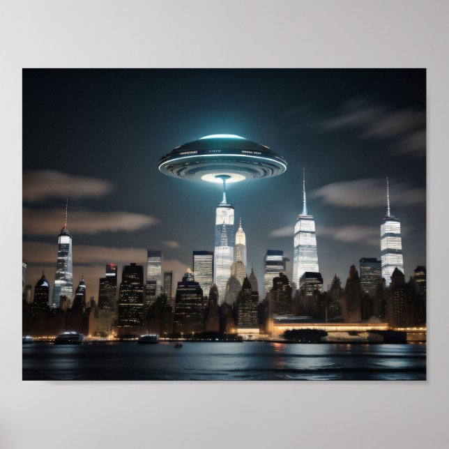 Flug Saucer über Stadt Poster (Vorne)