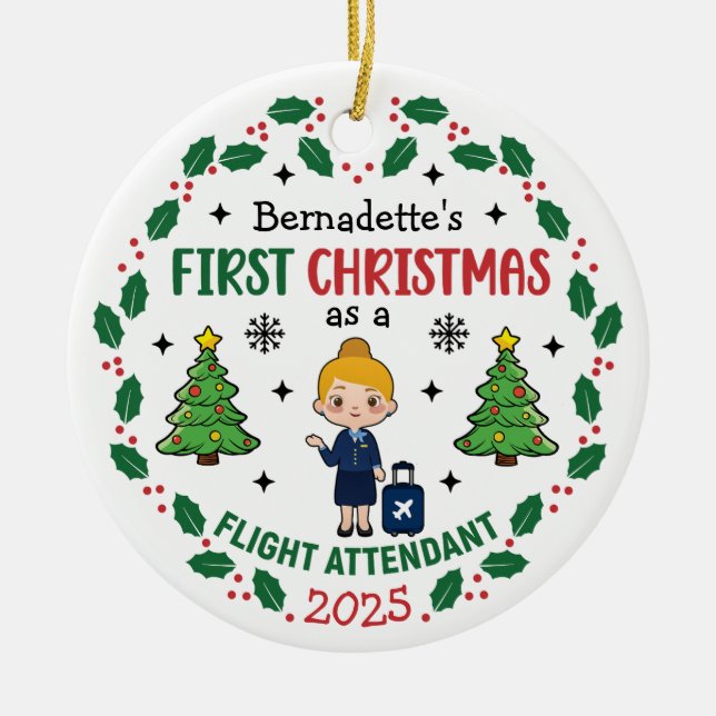 Flugbegleiter Erste Weihnachten Personalisiert Keramik Ornament (Vorne)