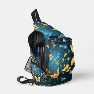 Flügel der Freude: Blaue und gelbe fliegende Schme Crossbody Bag