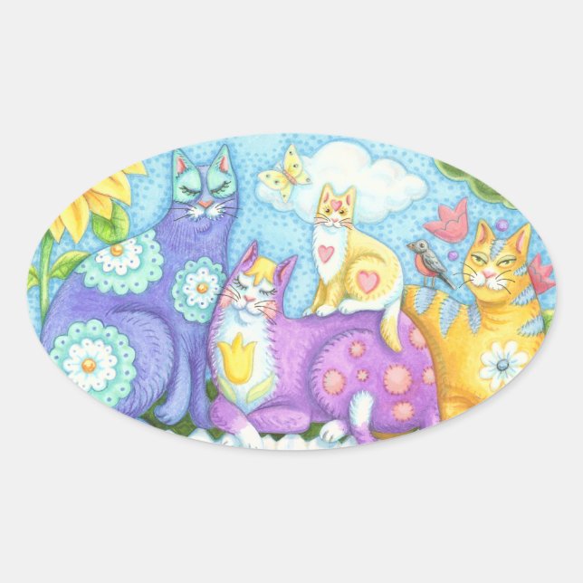 Flügel und Taschen, CAT-FRIENDS-FELDER Ovaler Aufkleber (Vorderseite)