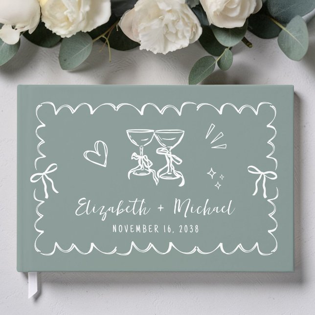Flügeldraht mit weißem Rahmen Gästebuch (Whimsical Wavy Frame Hand Drawn Sage Green Wedding Guest Book)