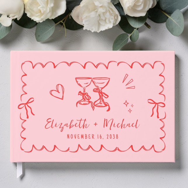 Flügeldraht, rosa rote Hochzeit Gästebuch (Whimsical Wavy Frame Hand Drawn Pink Red Wedding Guest Book)